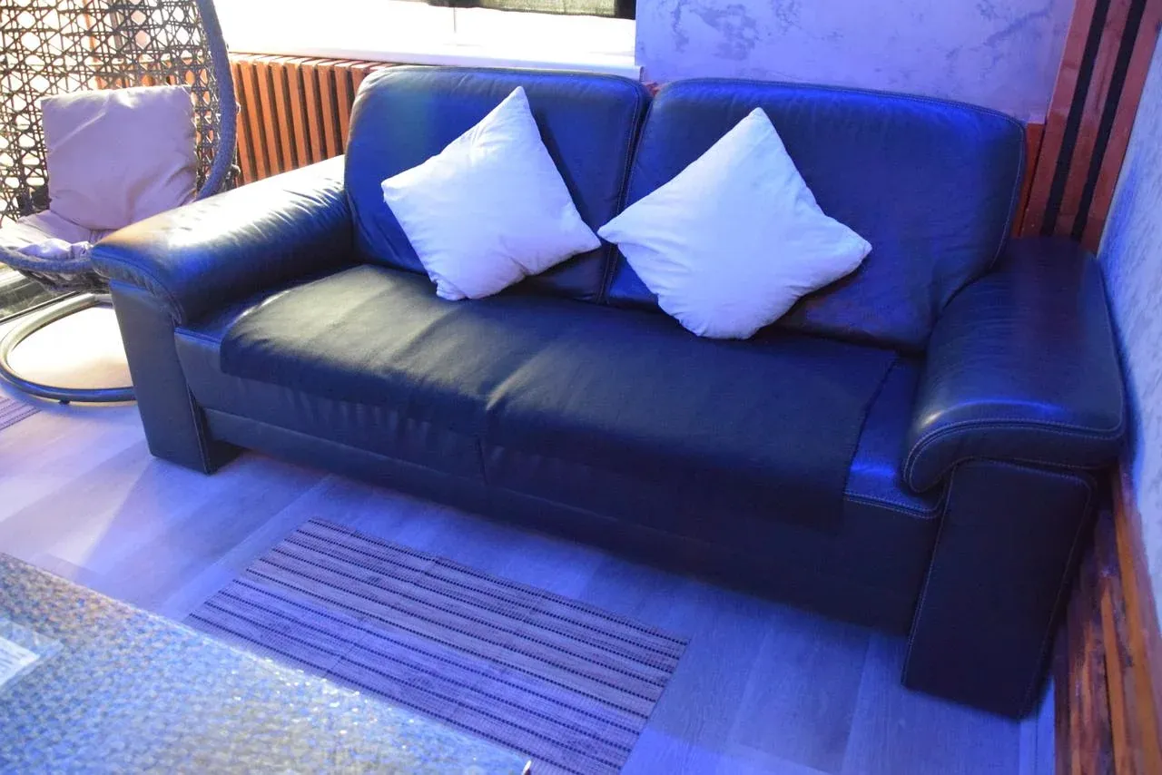 Ledersofa mit Kissen und Hängesessel im Wellnessbereich der Suite