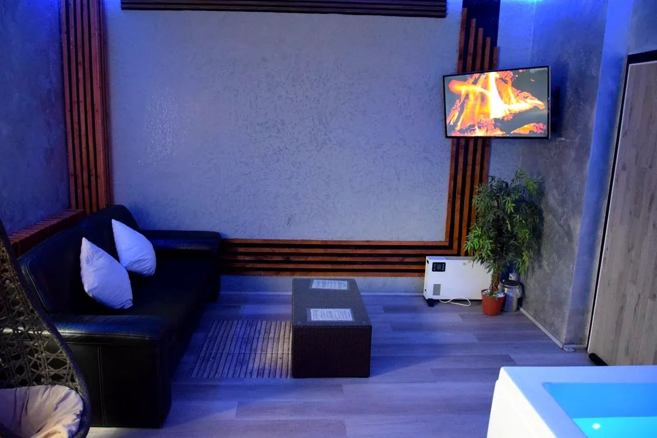 Wohnbereich mit Sofa, Kaminfeuer auf dem Fernseher und Blick auf den Whirlpool
